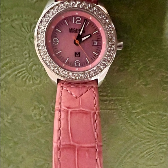 Michael Kors Pink Leather & Stainless Steel Silver Wrist Watch w/ Bling & Date - Picture 14 of 15